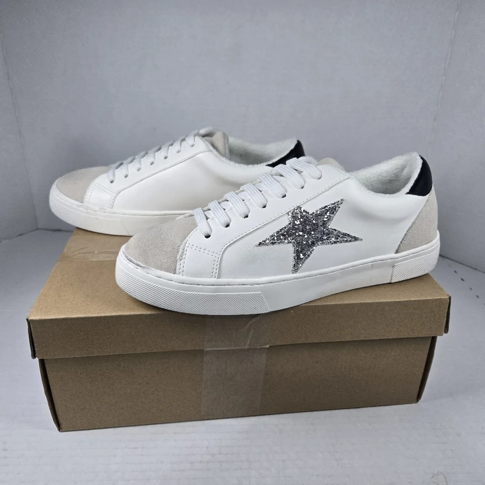 Steve Madden Rezume Silver Glitter Star Sneakers with Suede Women's Size 7 - Picture 2 of 11